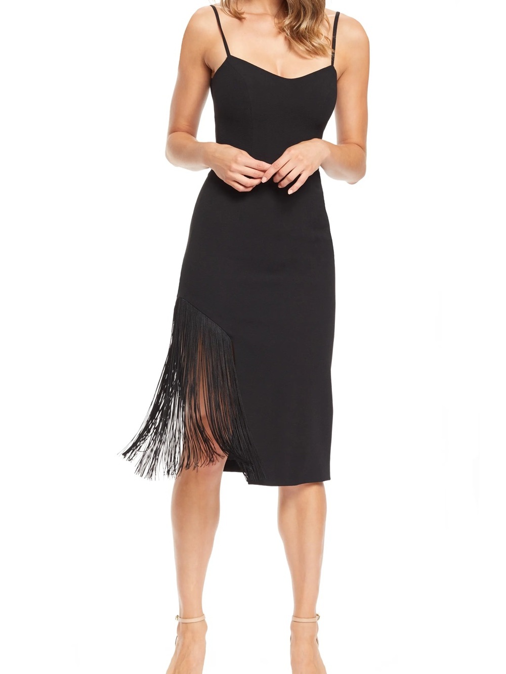 Dress the Population Black Asymmetric Fringe Slip Midi Dress